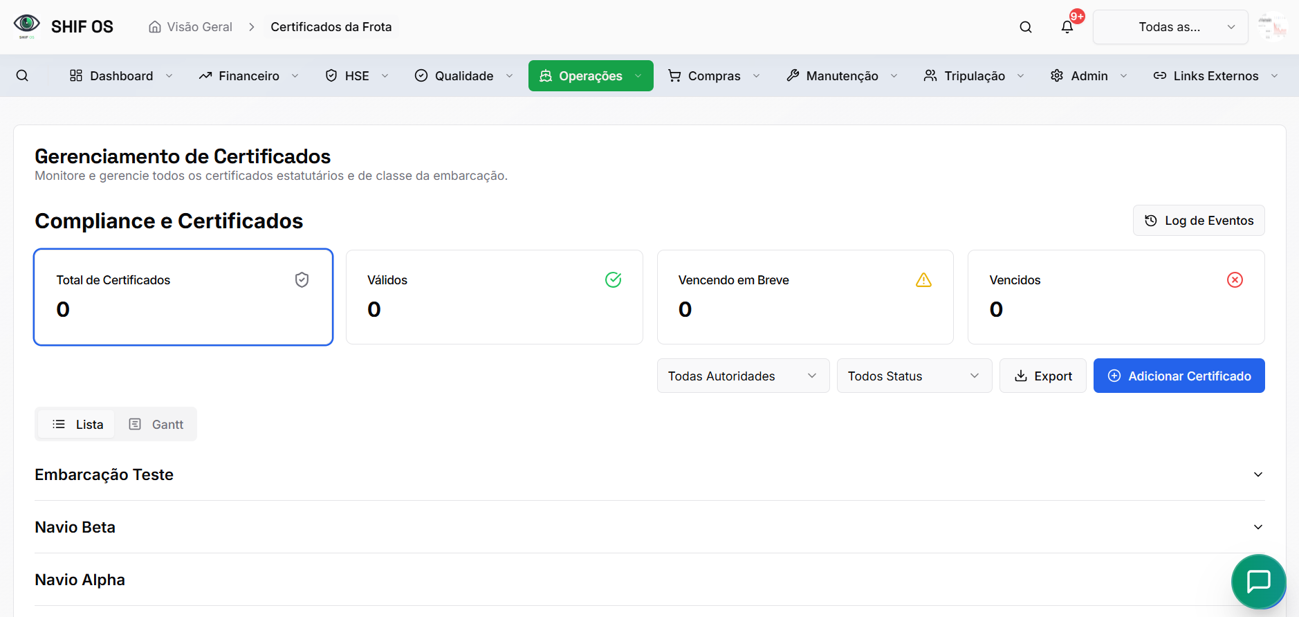 Certificados da Frota